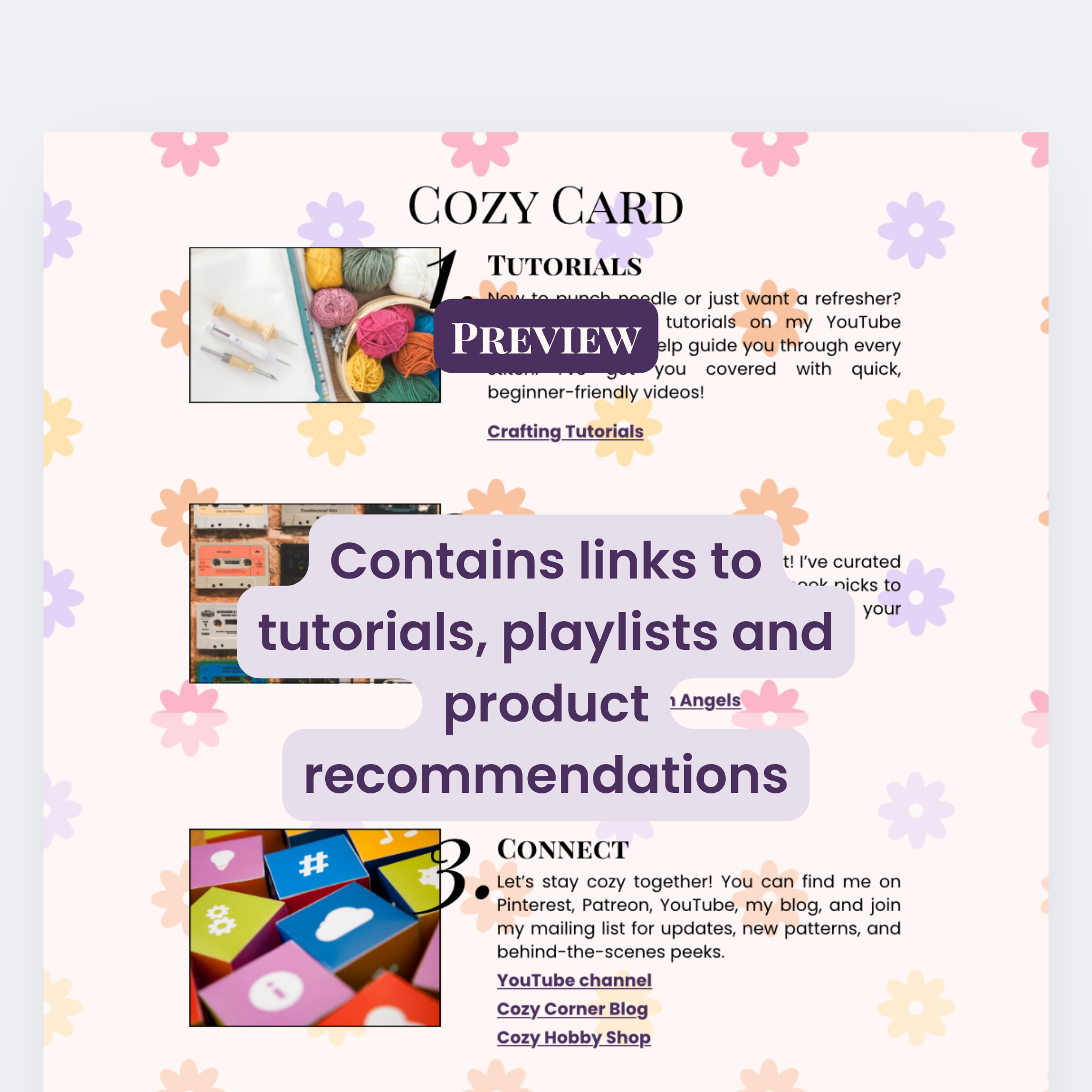 Promotional graphic for Cozy Card tutorials with colorful elements and text.