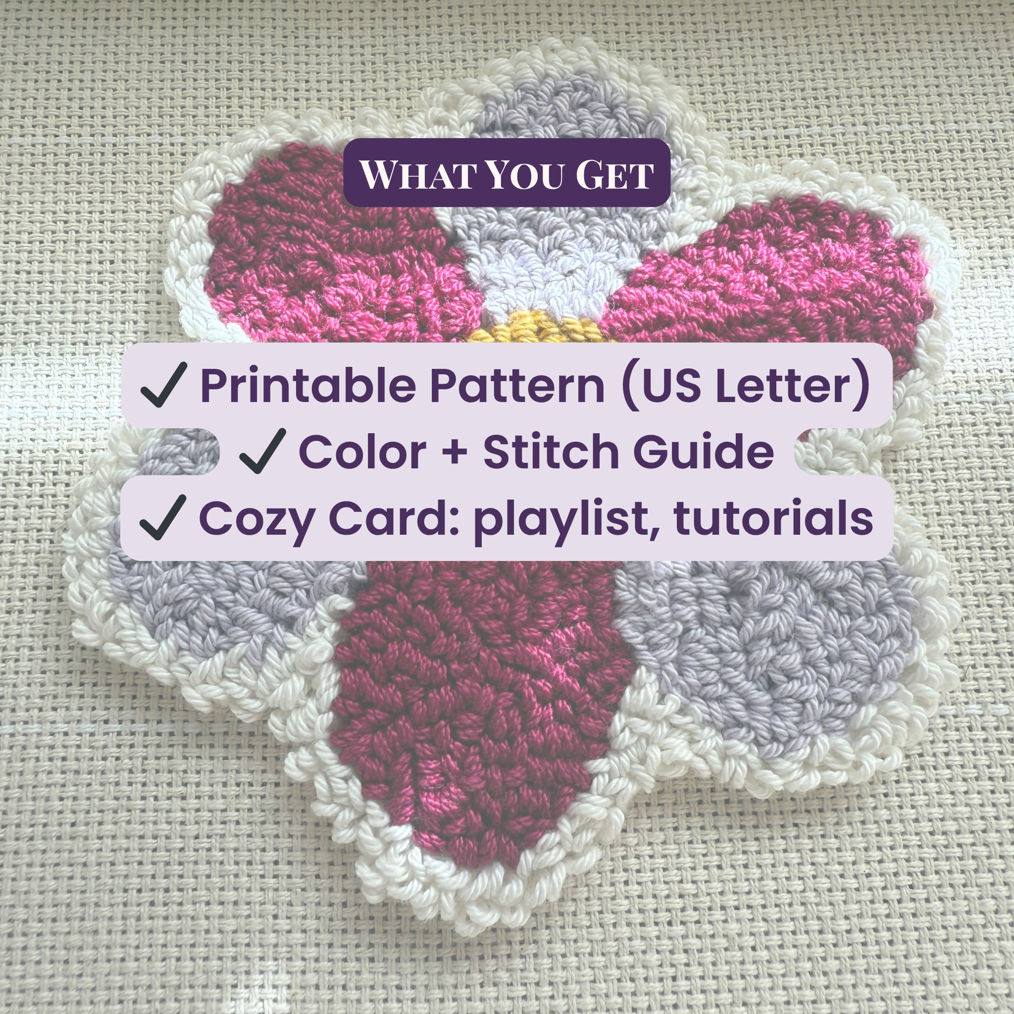 Punch needle flower-shaped item with text overlay on monks cloth